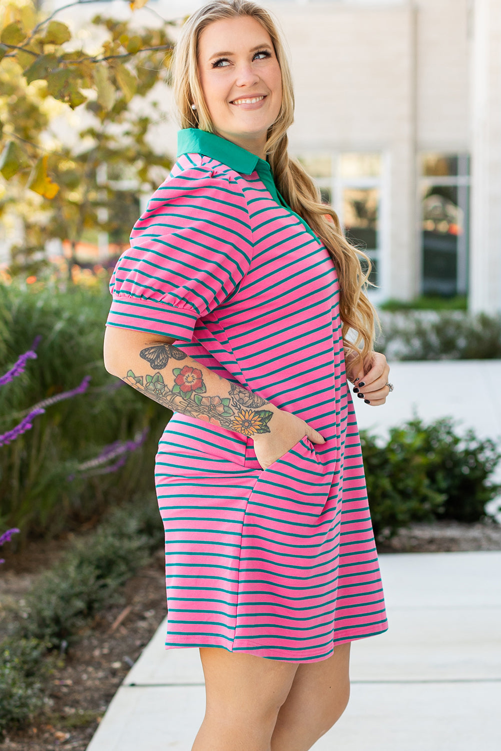 Rose Stripe V Neck Puff Sleeve Shift Dress With Pockets Dear-Lover Dropshipping